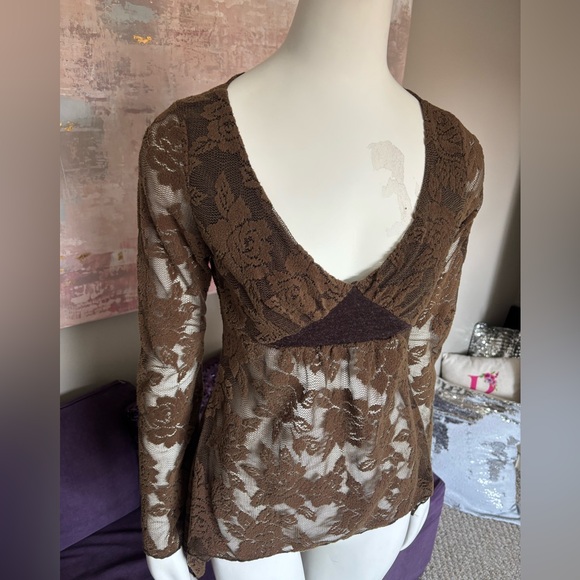Y2K Costa Blanca Brown Lace V-Neck Top with Long Sleeves and Flair Bottom Sm - Picture 3 of 9